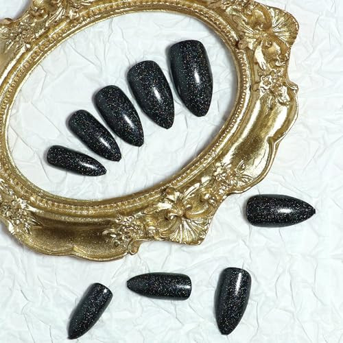 UV Press on Nails Medium Almond Shape, Fake Nails with Sparkly Designs, Glossy