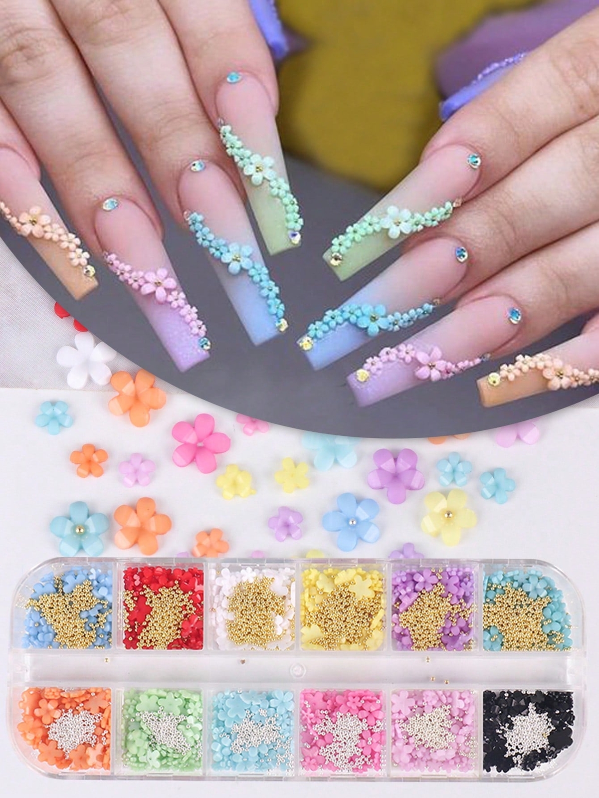 12 Grids 3D Acrylic Flower Nail Art Decoration, Mixed Size Colorful Flower Gold