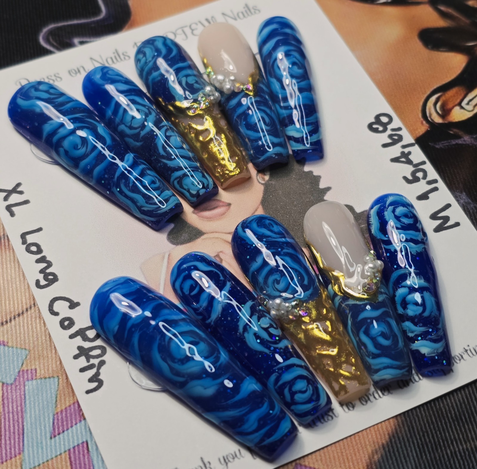 Handmade Gel Press On Nails,V Rose Nails,Medium Size 1,5,4,6,8 XL Long Coffin