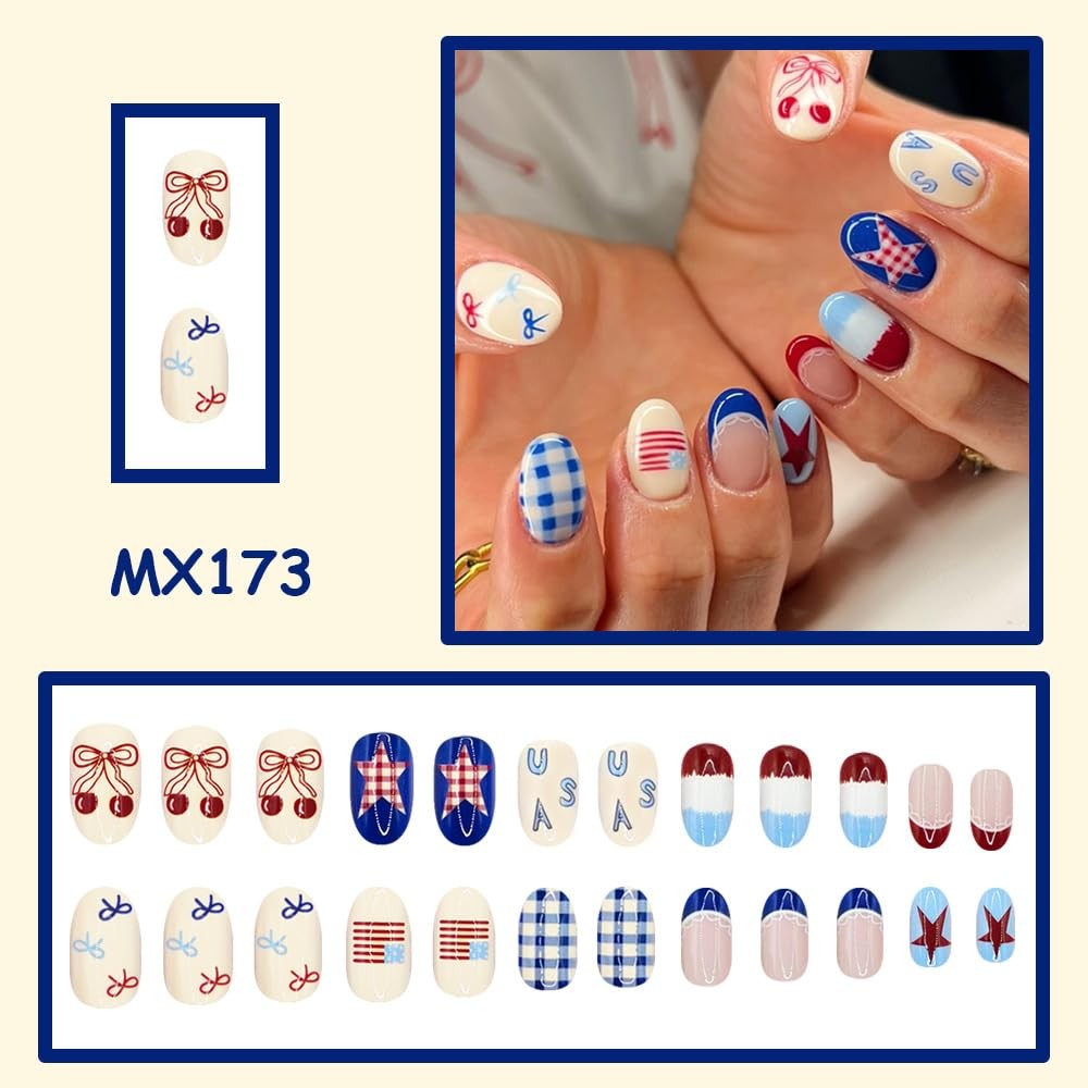 4th of July Press on Nails Medium Oval Fake with Medium, Style-33