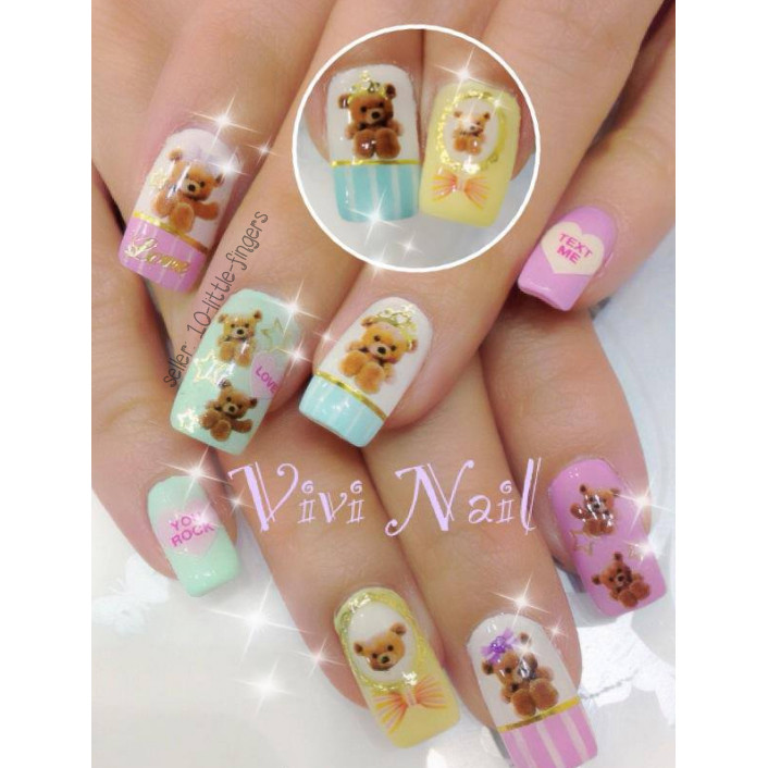 x1 set of cute Teddy Bear Nail Decals / Cute Kawaii Brown Rainbow