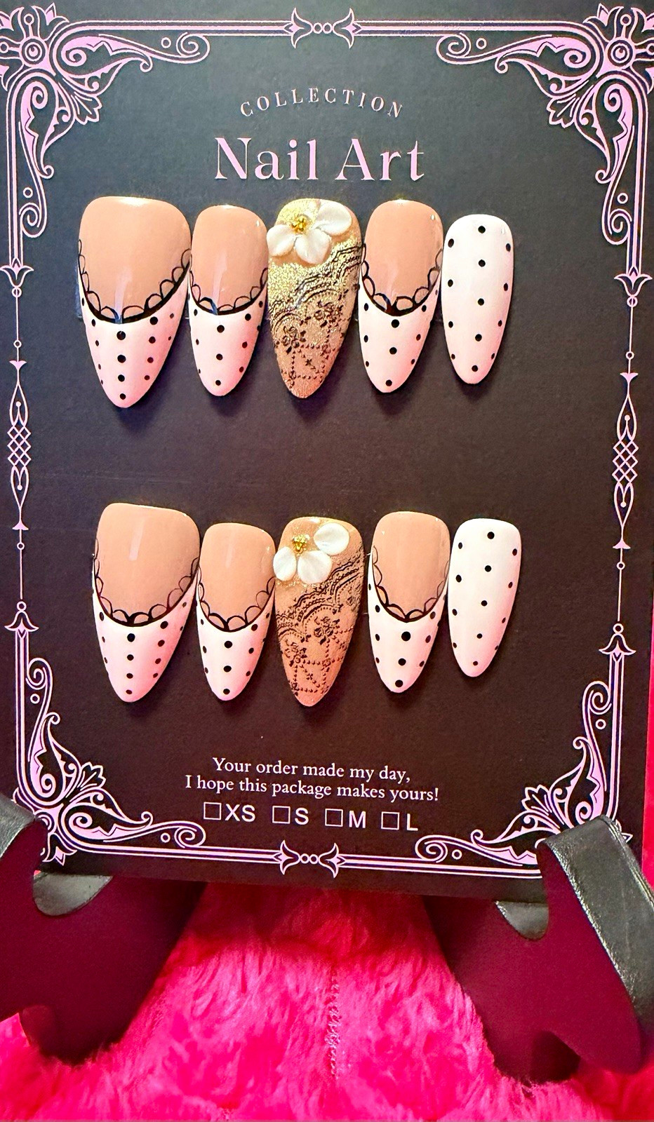 Pink/White/Black/Gold 3D Floral Almond Press-On Nails, Pre-Designed