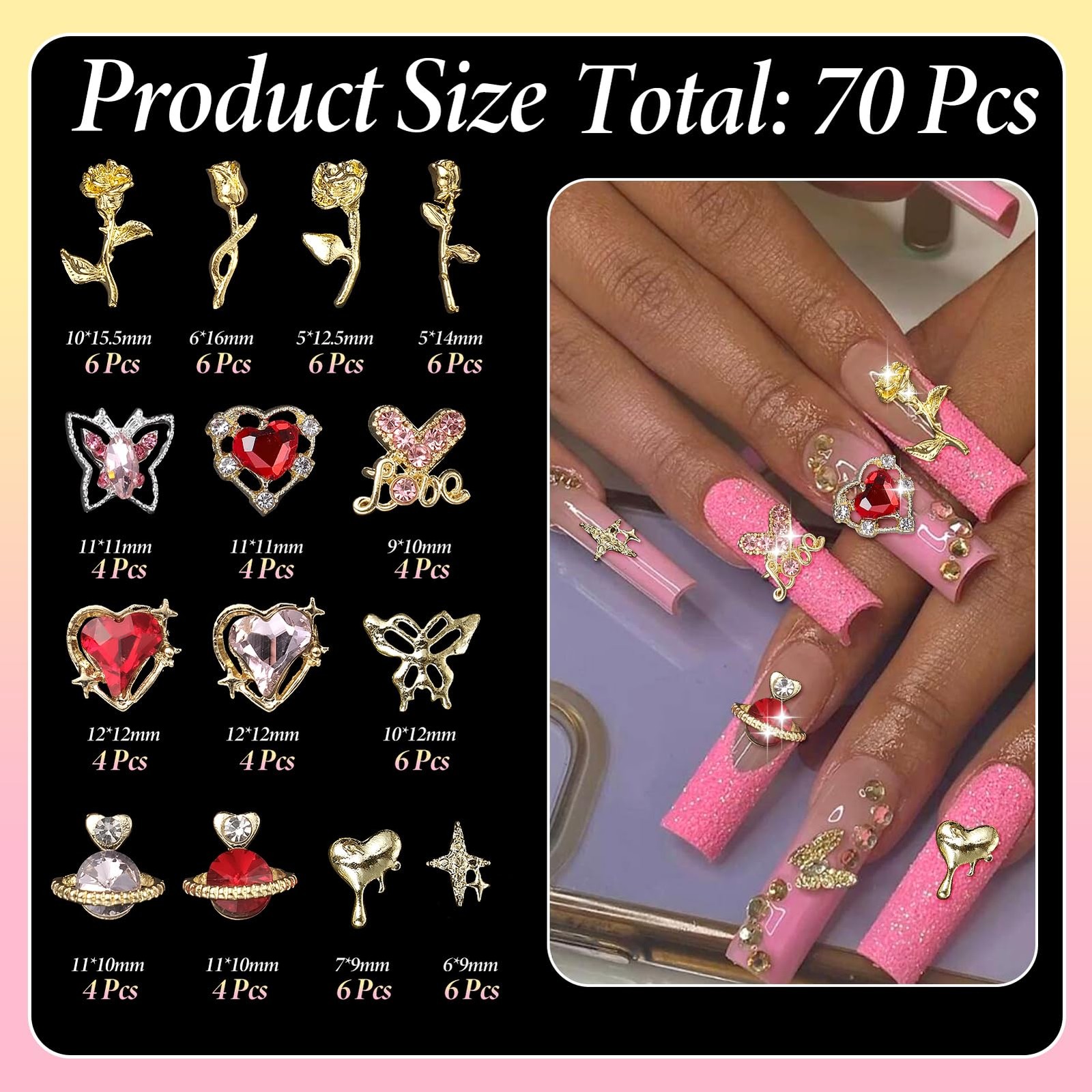 Cynailli 320pc S2 Nail Charms Gems Butterfly Heart Alloy
