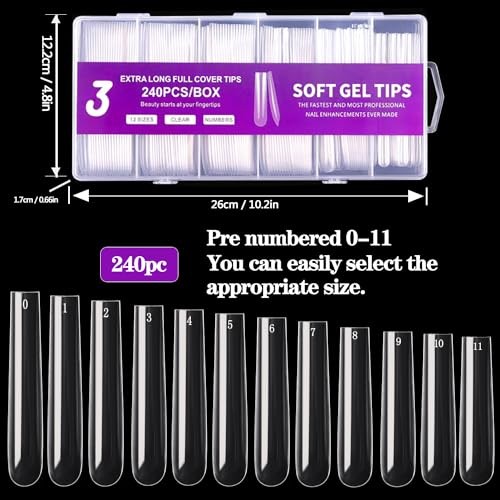 3XL Square Nail Tips, 240PCS Clear Full Cover 240 No c curve Full Cover Square