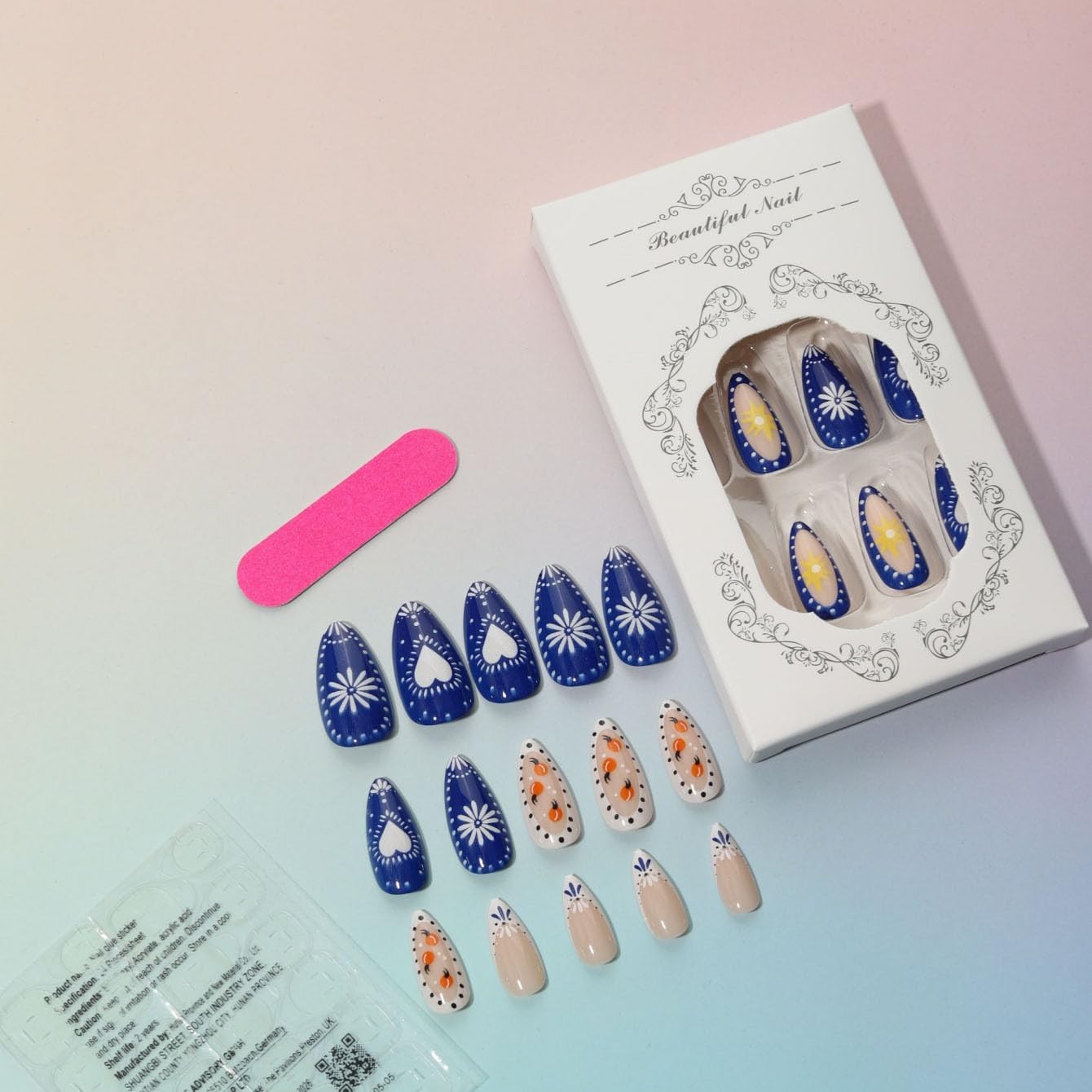 24Pcs Blue and White Porcelain Press on Nails French Tip Heart Sun Short Almo…