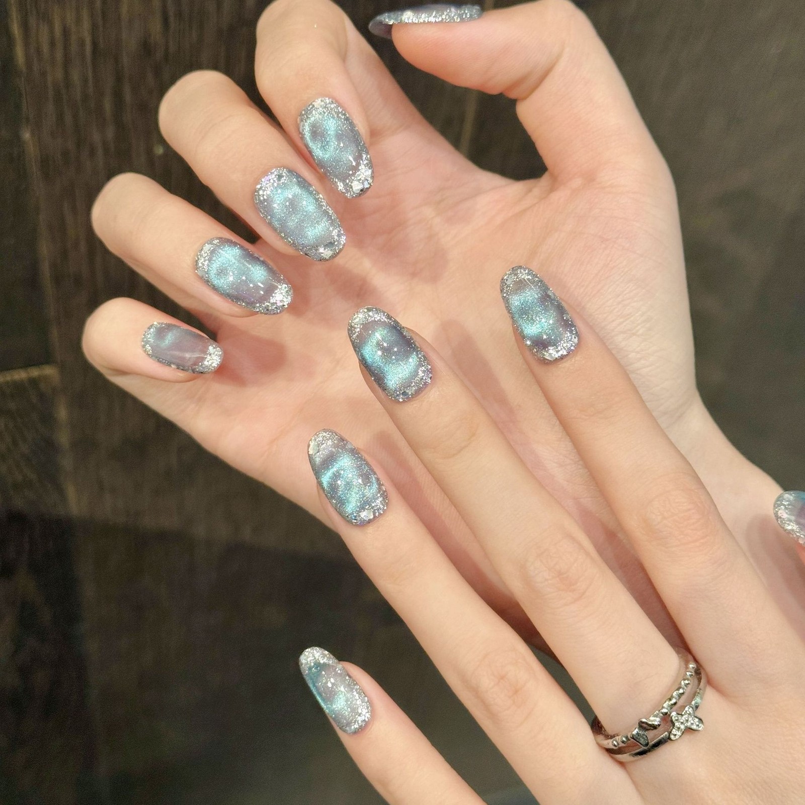 Handmade Blue Ice-clear Texture Sequin Shiny Fake Nail Oval/Square Press On Nail