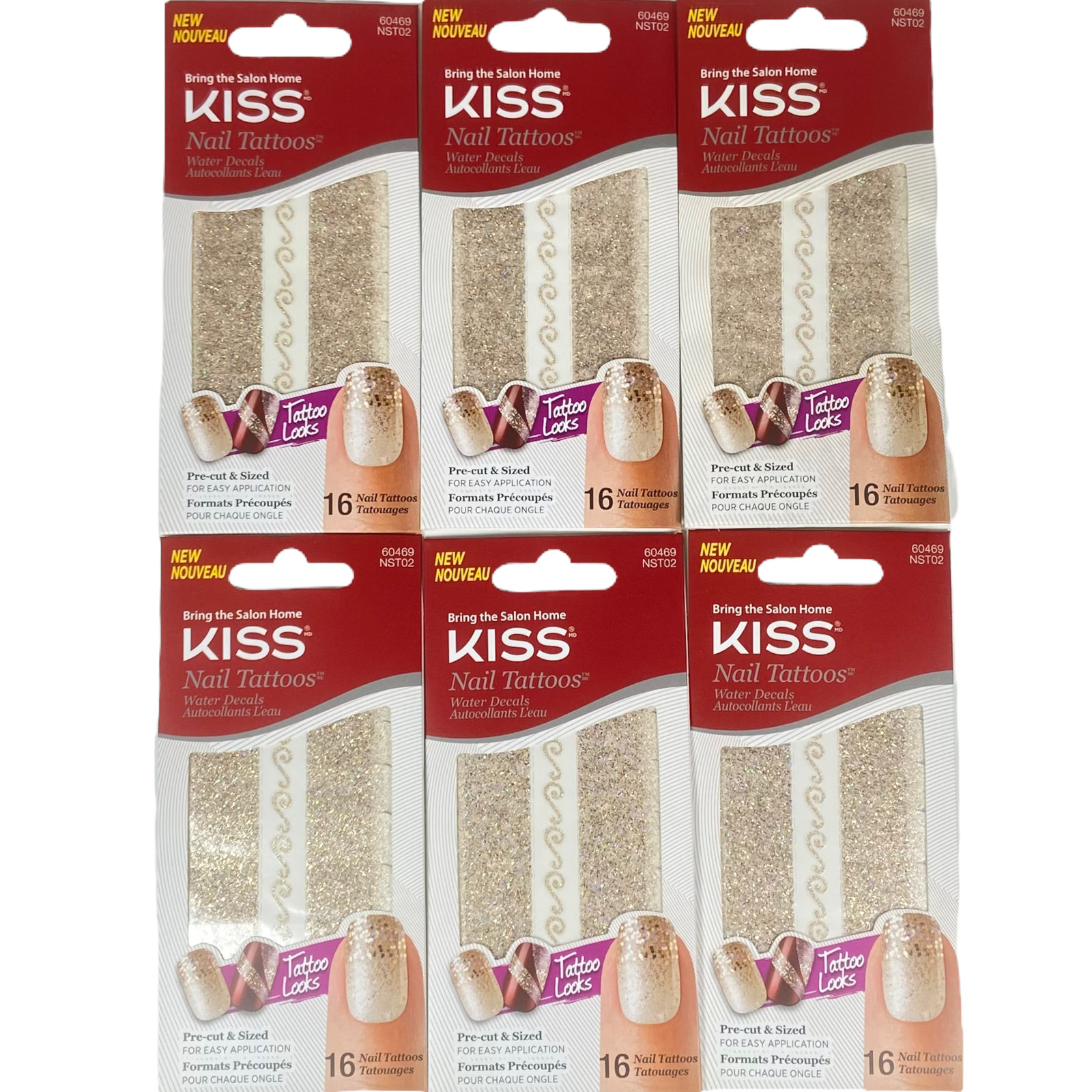 6x NEW Kiss Nail Tattoos Water Decals Polish Strips Sticker Wraps Silver Glitter