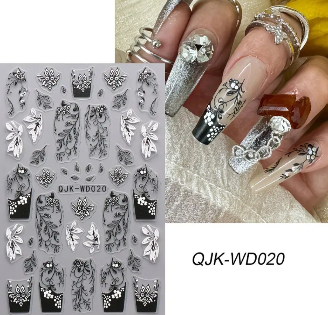 2 Pc Silver Black Nail Art Transfer Stickers Butterfly Scrolling Floral Gem Pink