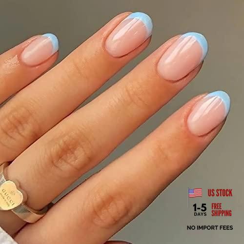 Oval Press on Nails – Short Fake Nail – Blue French Tip Round Acrylic 0236ABlue