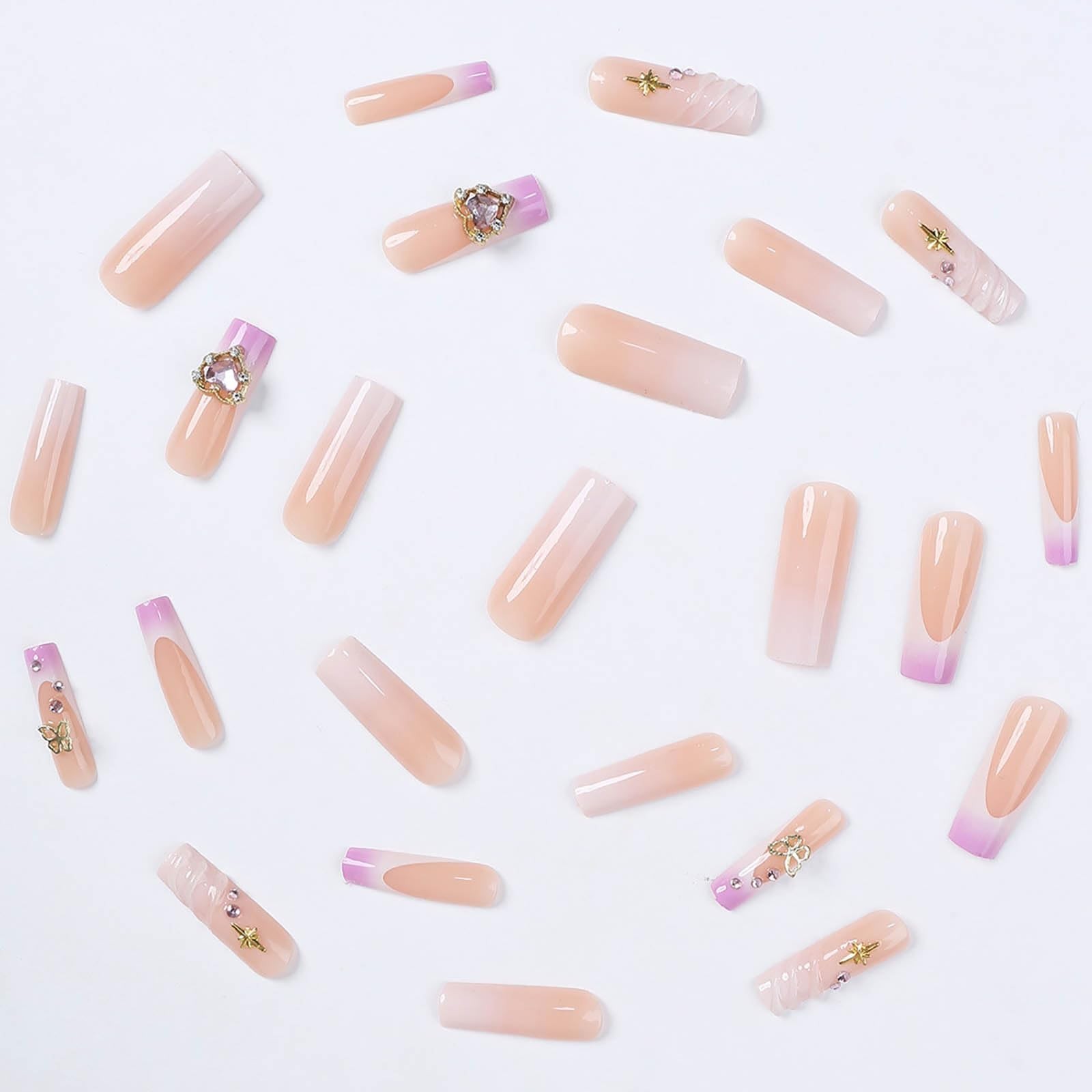 Pink Gradient Heart Butterfly Gold Star Long Duckbill Press On Nails