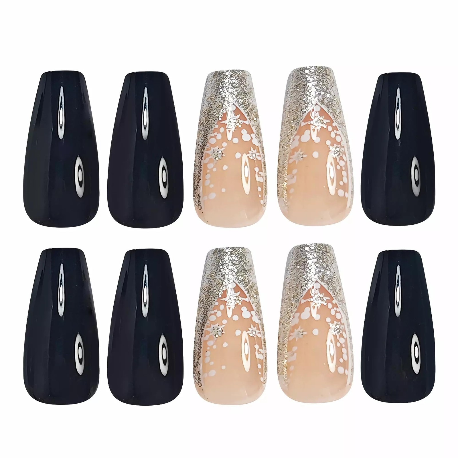 Press on Nails Long Coffin Fake Nails Black Glue on Nails Glitter Bling Shine…