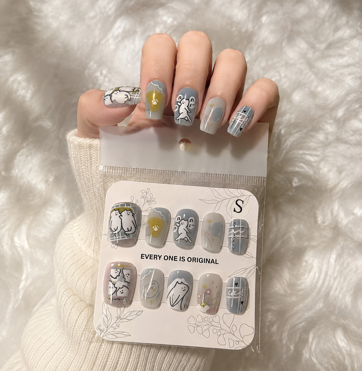 Dusty Grey Blue Cartoon Animal Press-On Nails – Glossy Full Cover – Small