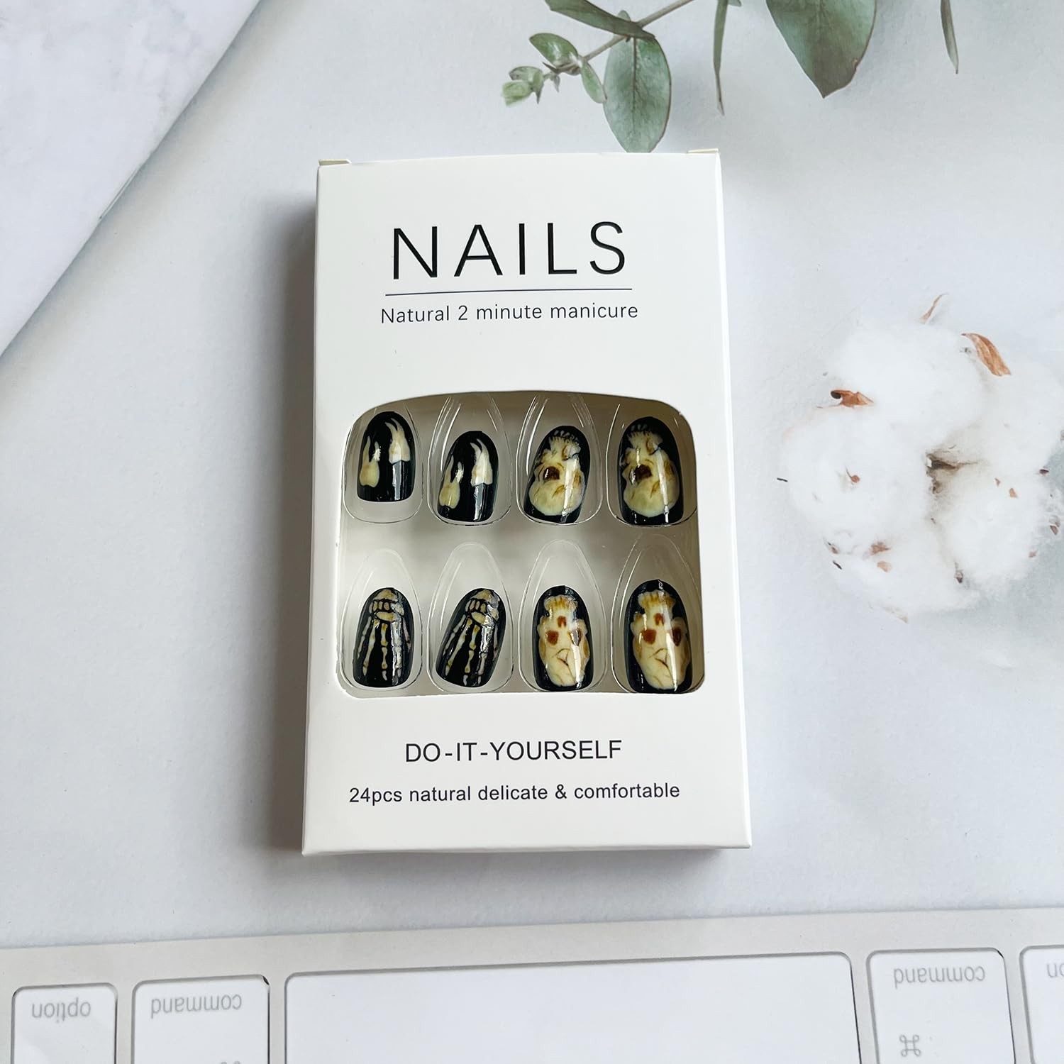 Halloween Skeleton Press on Nails Almond Shaped Fake Nails Glossy Acrylic Pre…