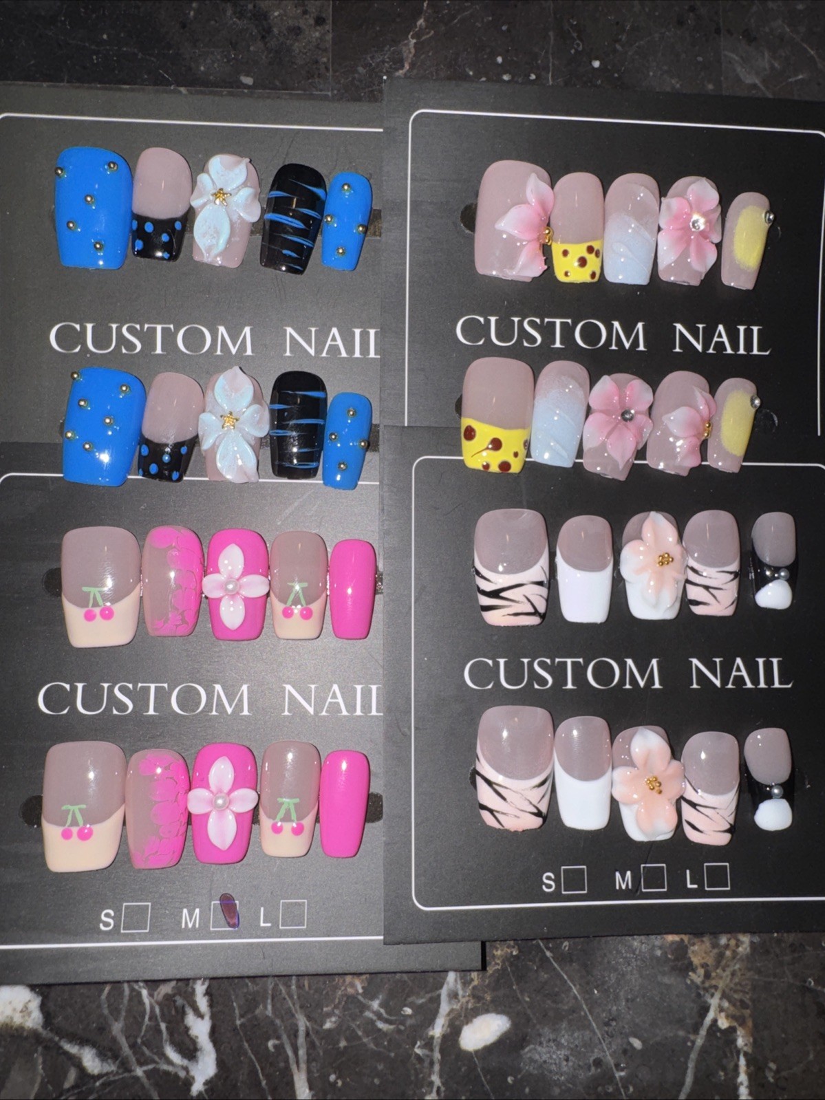 Handmade Short Square Press On Nails Medium 3D Flower French Tip Variety Bundle
