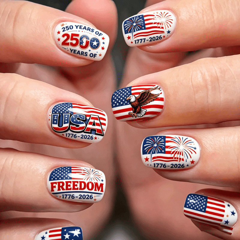 96Pcs Mixed Shape Nails, USA 250th Anniv, Flag Firework & Letter Print