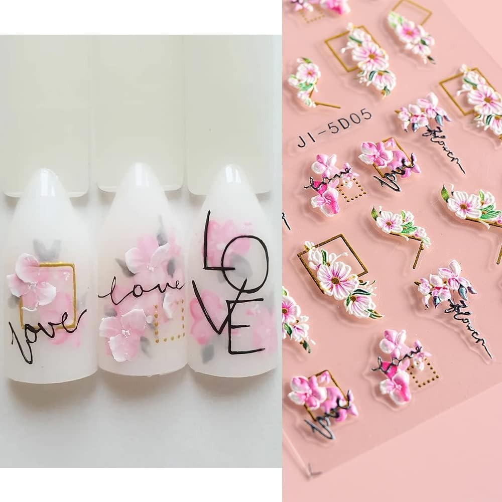 5D Nail Art Stickers 4 Sheets Pink Flowers Geometric Lines Decor Acrylic Embo…