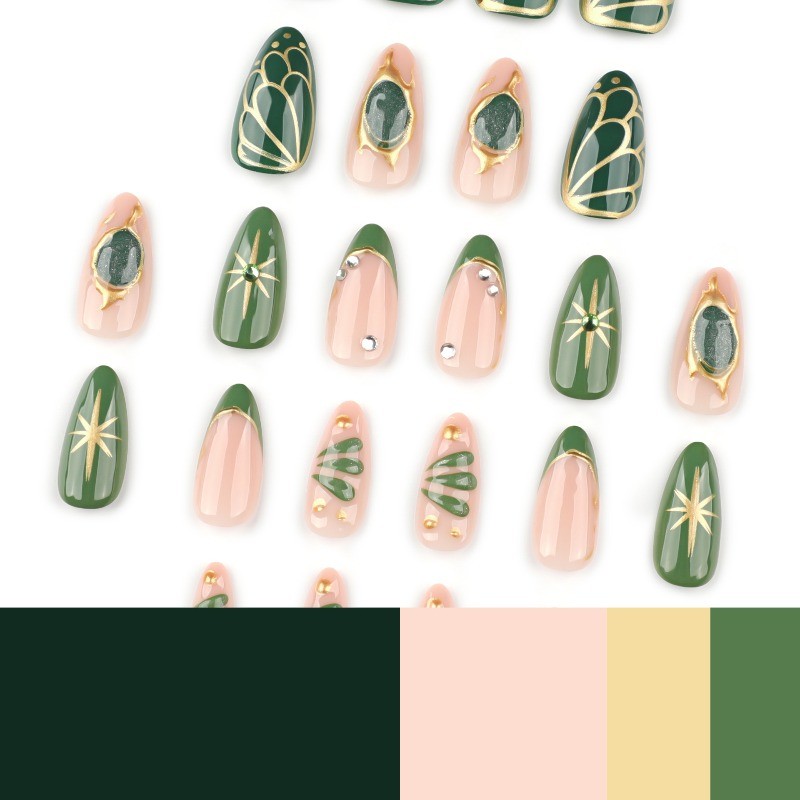 48pcs-Vintage Fake Nails with Green Nude Base, Gold Foil and Gemstone Accents