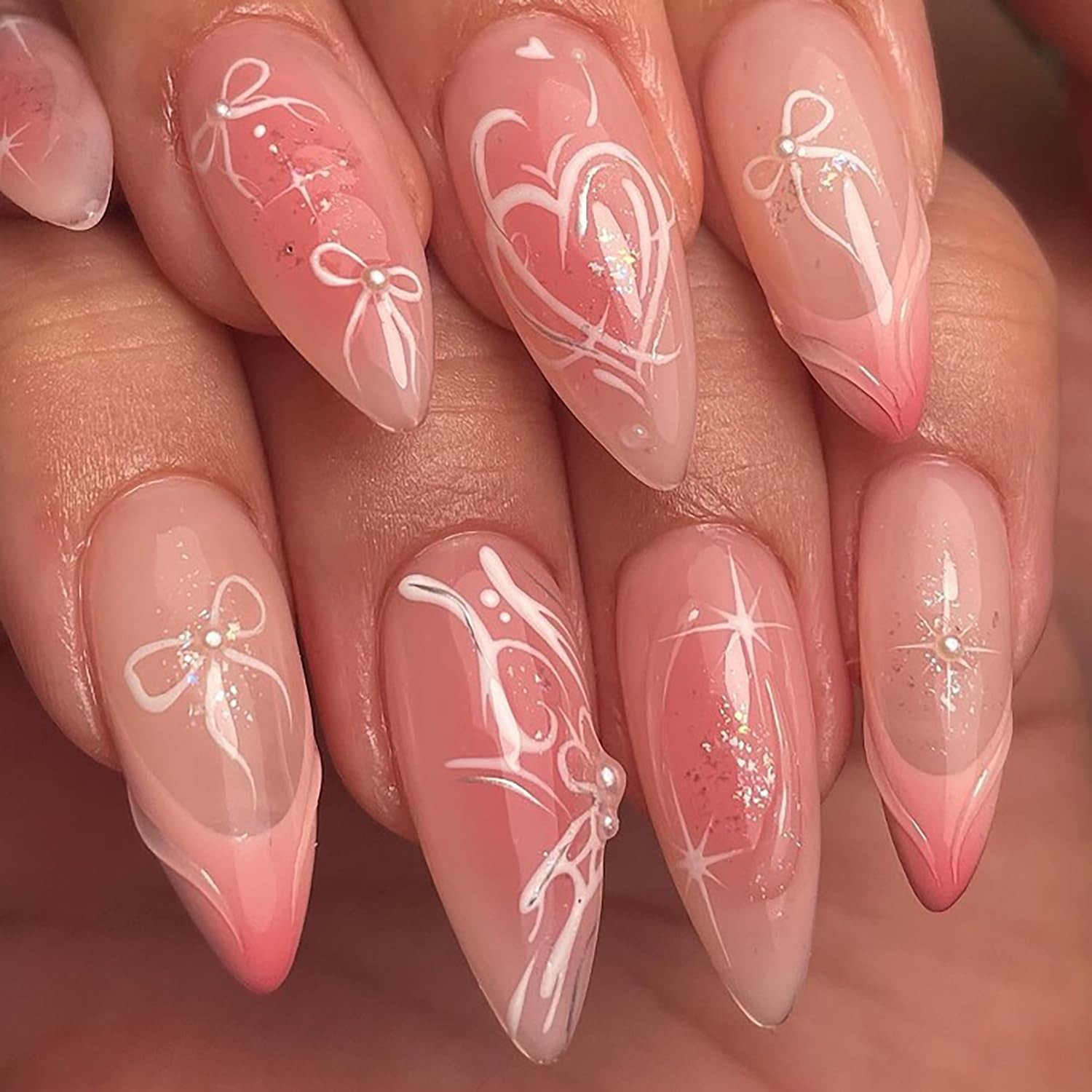 French Tip Press on Nails Long Nail Press on Almond Shape Fake Nails Bow Fals…