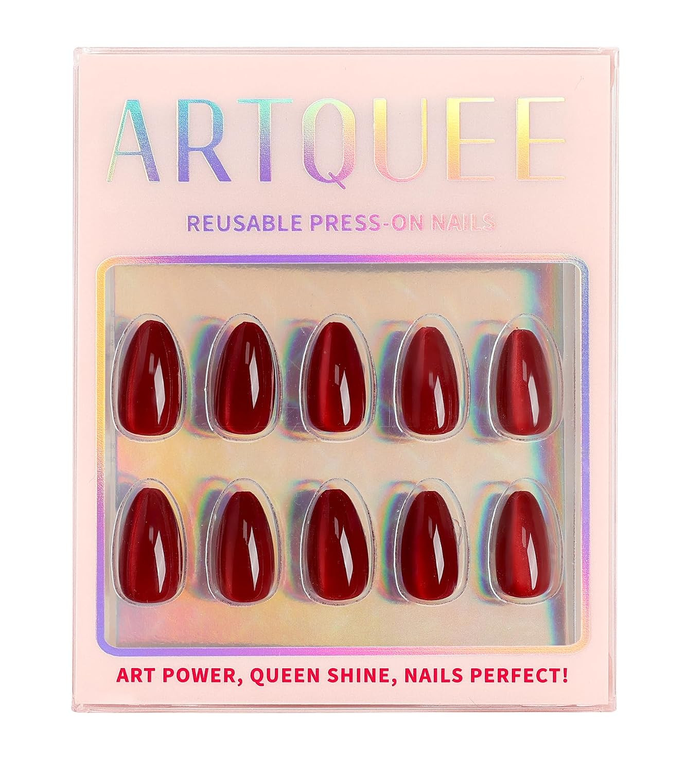 Press on Nails Short Red Cat Eye Almond False Tips Glossy Reusable Fake Stick on