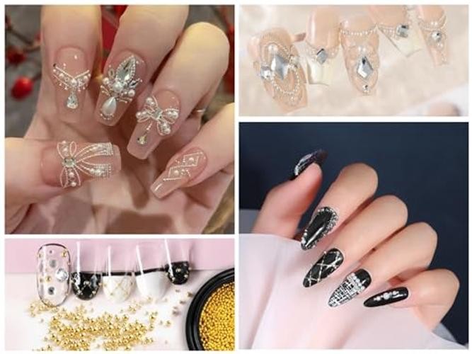 3D Metal Nail Beads & Studs, Gold and Pearl White Caviar Gold+Silver