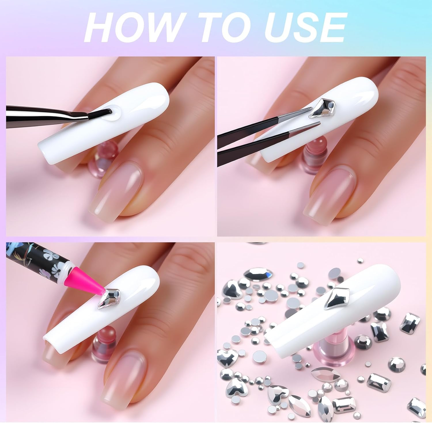 White Nail Rhinestones – 12 Types of Multi Shapes Diamonds & 12 Sizes Flatback r