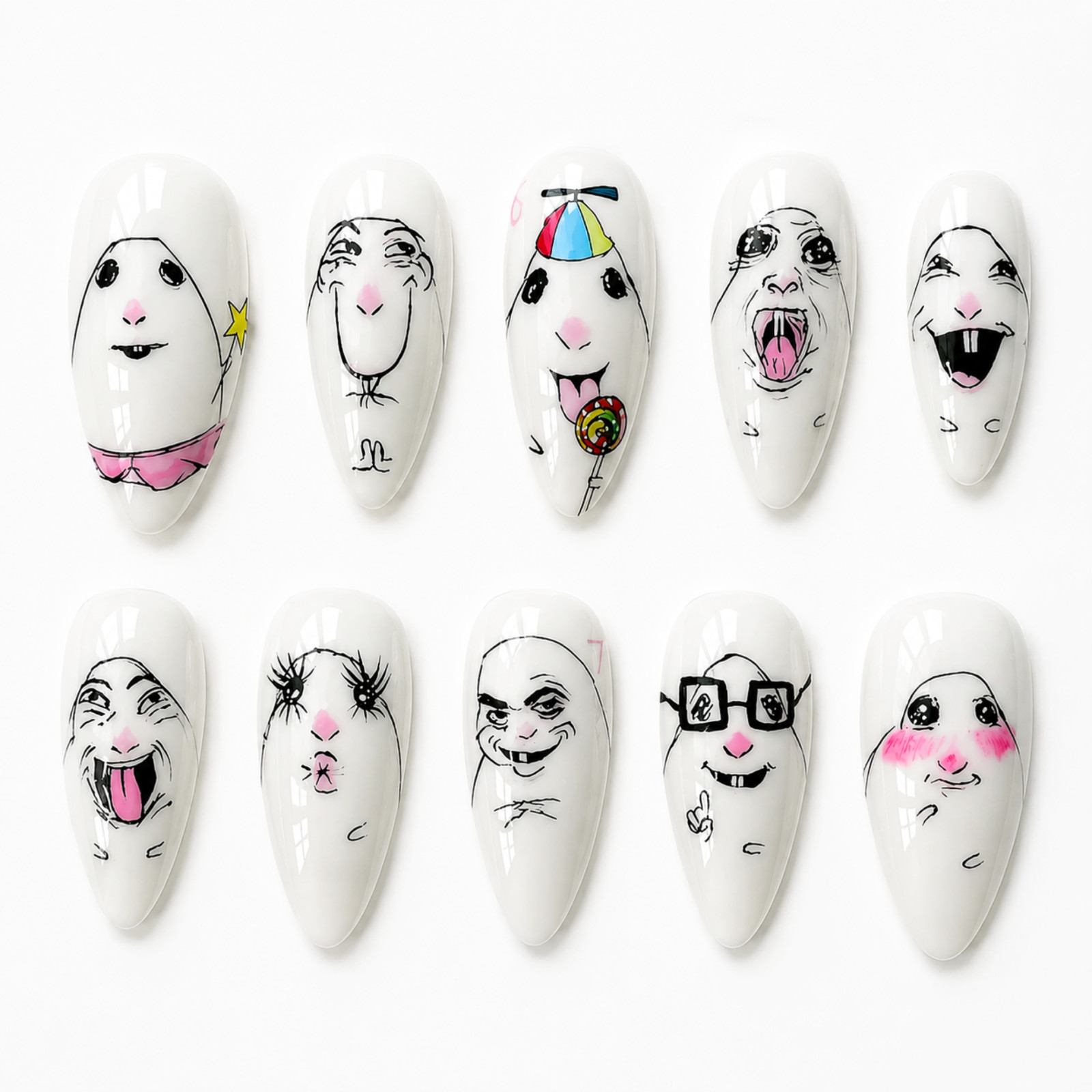 Handmade Funny Animal Face Press On Nails White Cartoon Nail Art Set