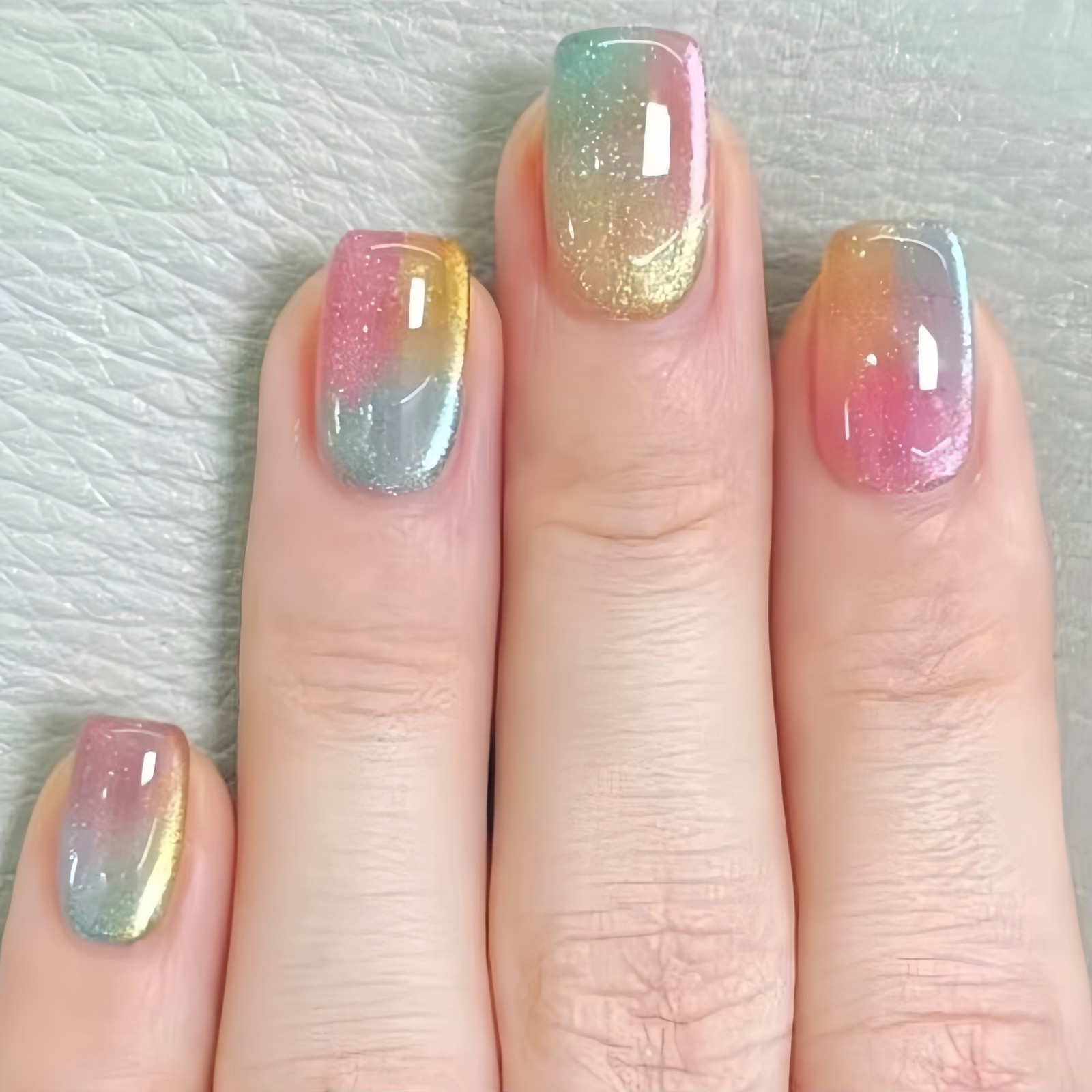48pcs Rainbow Gradient Glitter Press On Nails Shimmery Pastel Wearable Nail Art