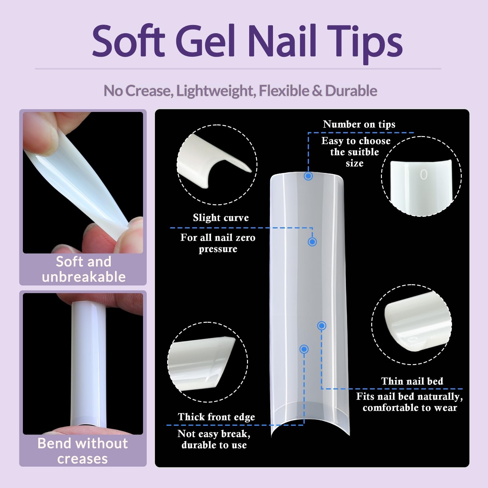 AddFavor Long Nail Tips Square XXL No C Curve 4.5cm Tips, Cream White