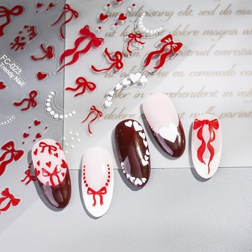 4 Sheets 3D Self-Adhesive Red White Valentines Nail Decals Bow Nail Stickers