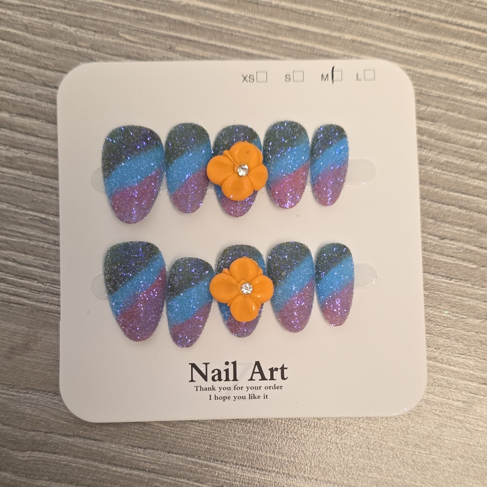 Nail Art Glitter Sugar Nails Flower 3D Medium Almond Press-On Set Full Cover