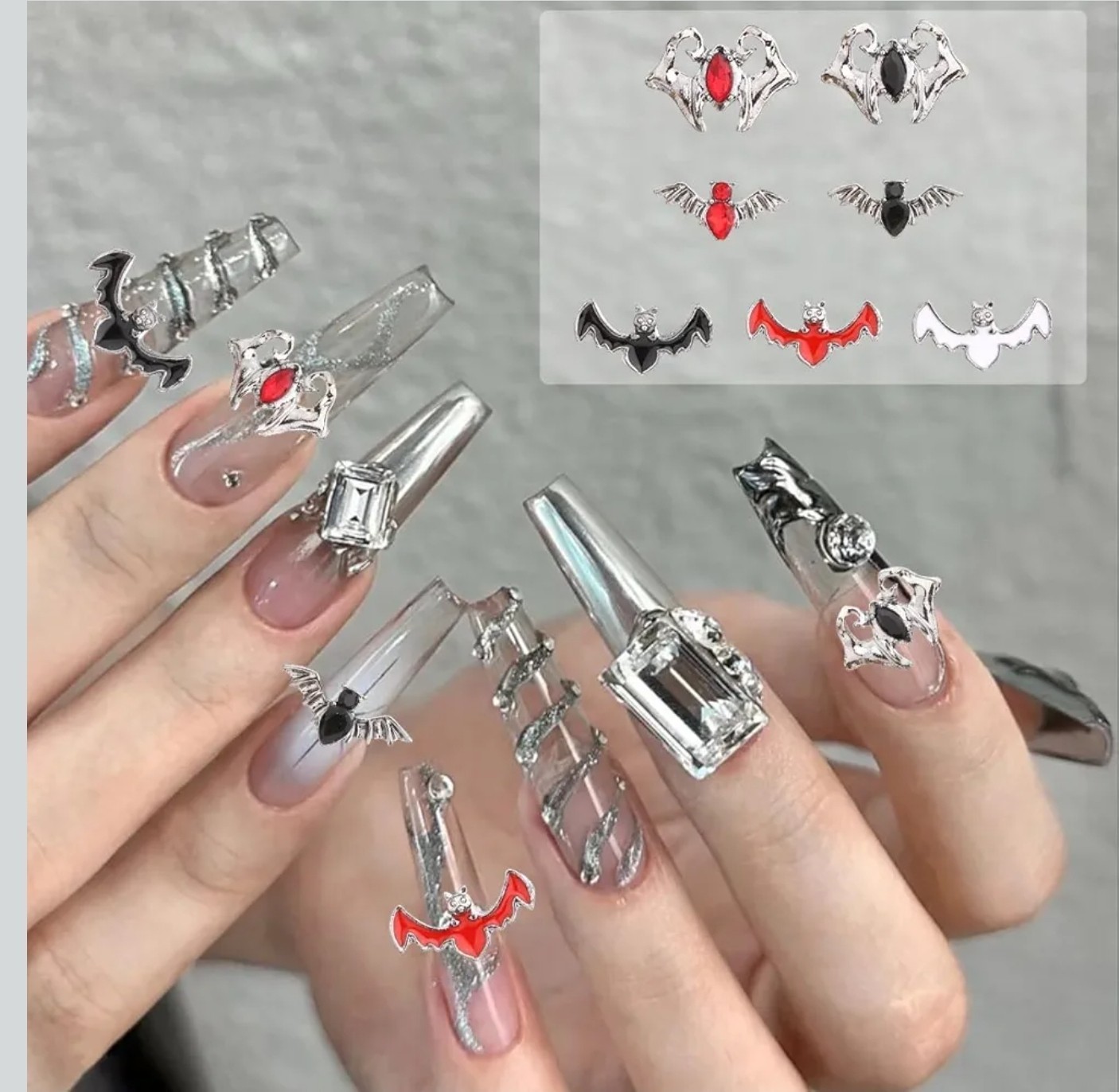 3D Gothic Bat Nail Charms 10pc Set Silver Alloy Vampire Rhinestone Nail Art