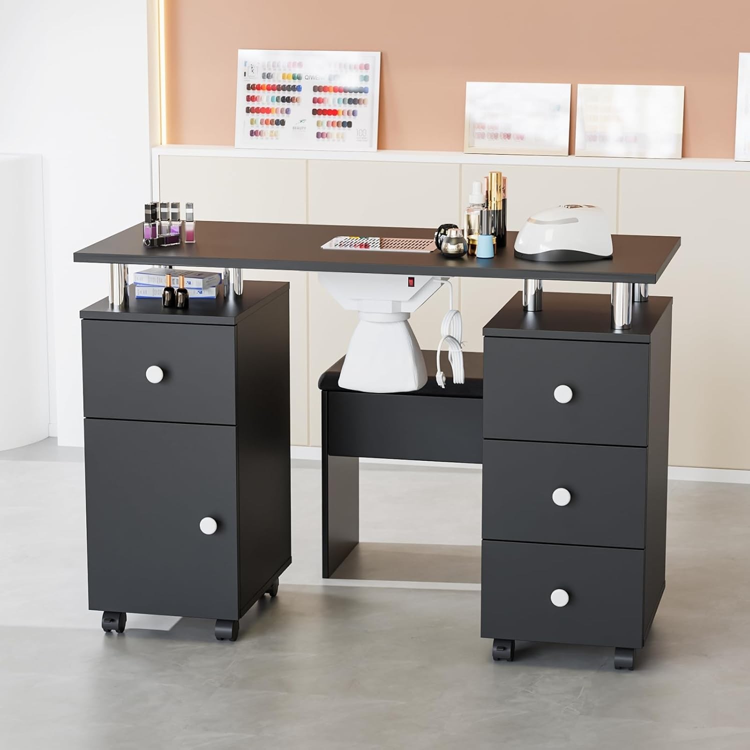 New Nail Tech Desk with Stool, Integrated Dust Collector for Makeup Beauty Salon
