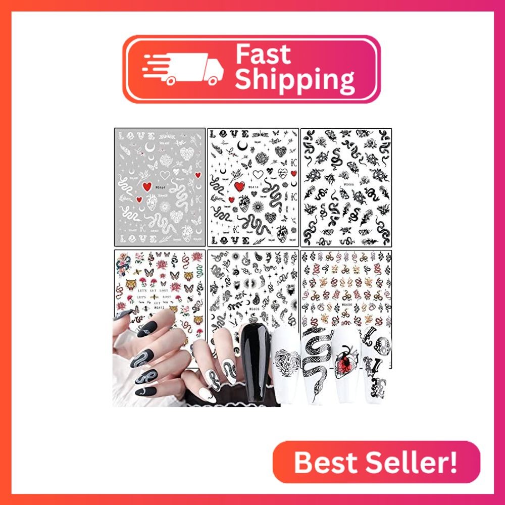 Cartoon Snake Nail Art Stickers, 3D Animal Snake Nail Self-Adhesive Sticker Desi