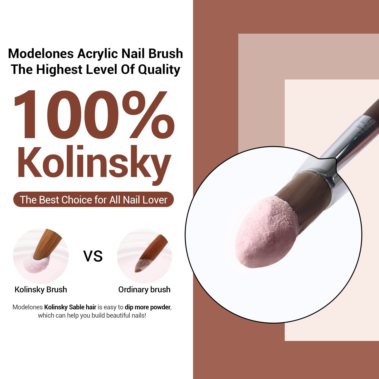 MODELONES Acrylic Nail Brush 100% Pure Kolinsky Hair Bristles Oval 8, Red