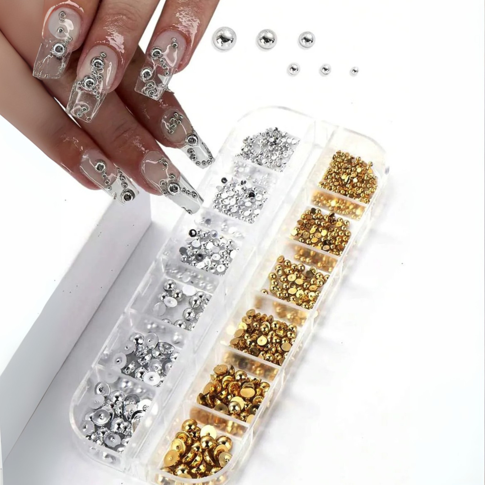 Nail Pearls 12 Grids Half Round Flat-Back Metallic DIY Nail Faux Beads for Women