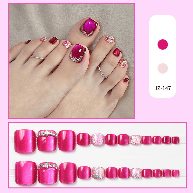 48pcs Short Square Toe Press on Nails, Fuchsia Clear Rhinestone Gloss Foot Nails