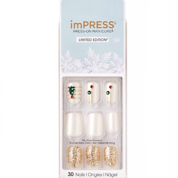 NEW Kiss Nails Impress Press On Manicure Short Gel Pearl White Tree Christmas