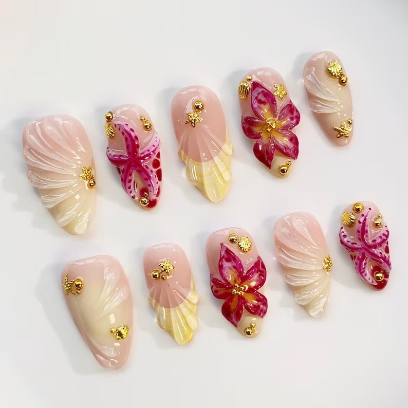 Handmade Holiday Starfish Yellow Flower Summer 3D Gel Press On Nails