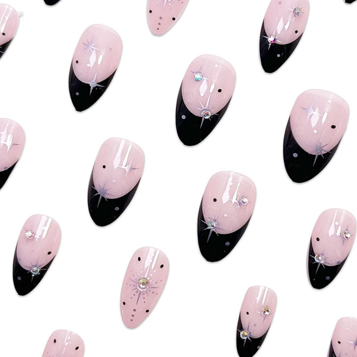 Black French Tip Press on Nails Almond Glue on Nails Medium Length Nude Pink …