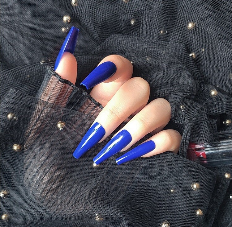 Handmade Press On Nails – Glossy Long Coffin Fake Nails Black Red Blue #B-1169-G