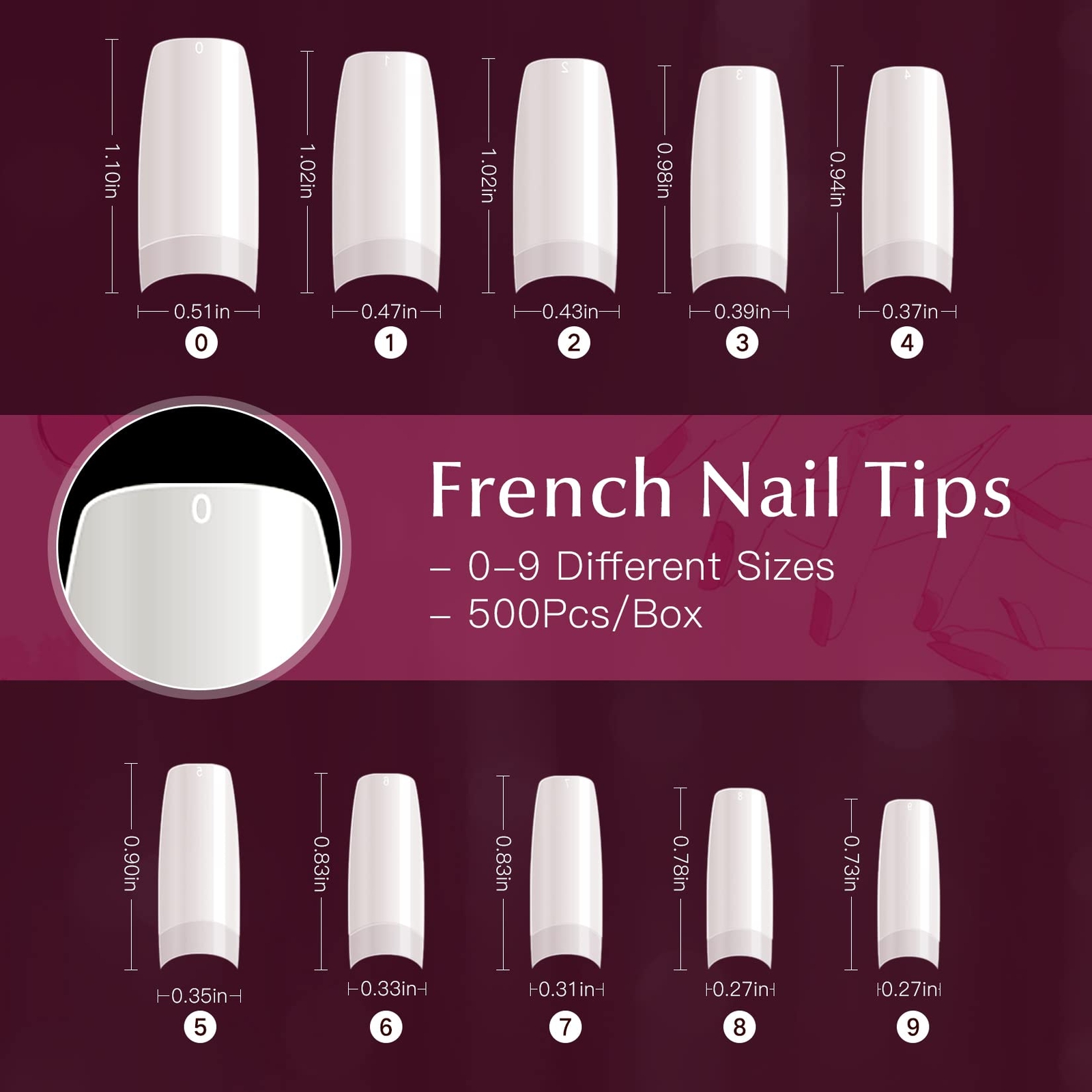 500pcs Half Cover False Nails Tips Acrylic Nail Tips 10 Sizes Lady French Style