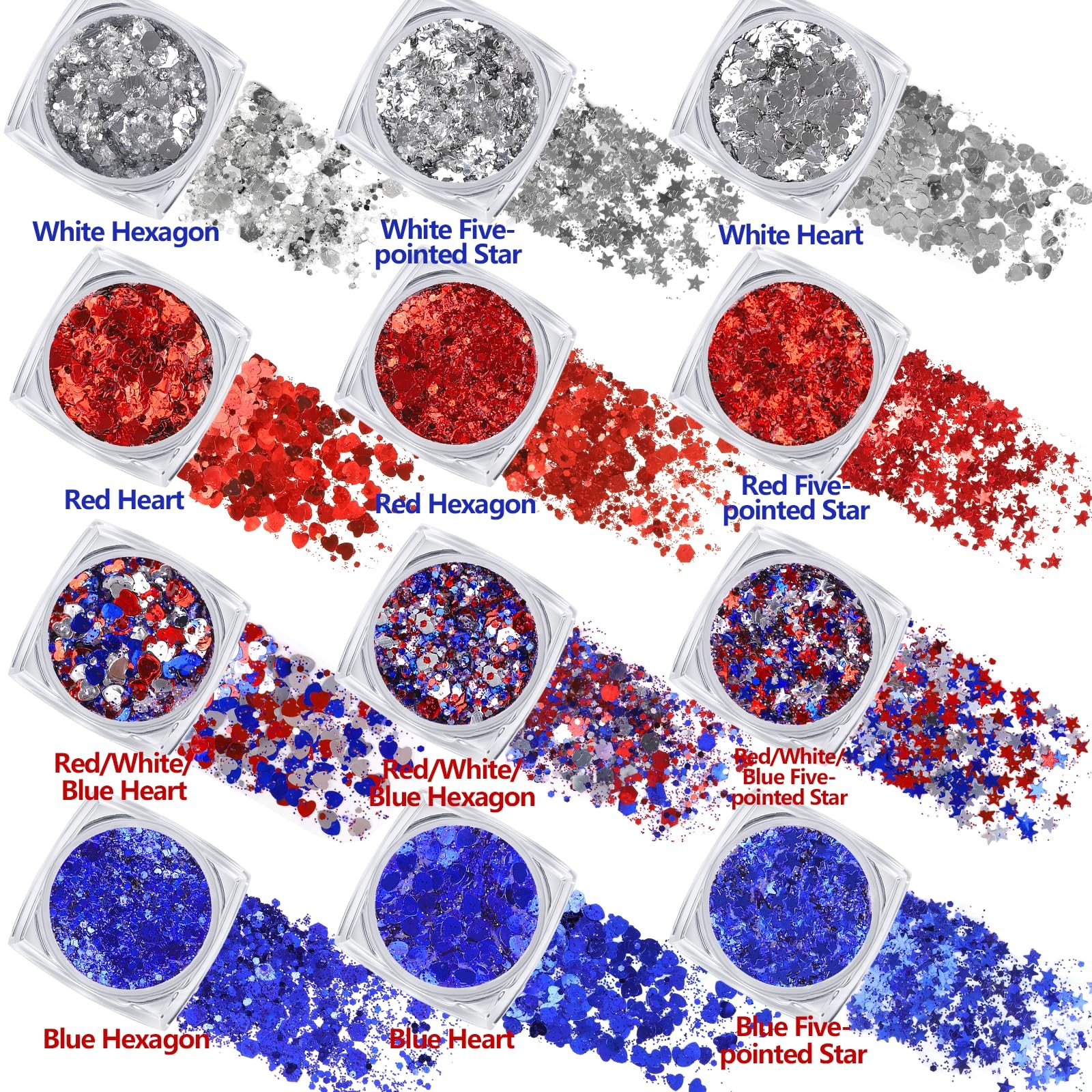 Red White and Blue Body Glitter Gel with Face Gems Set, 4th of July Patriotic Fa