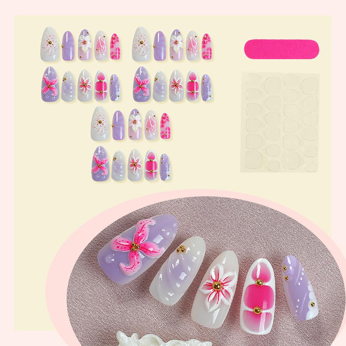 30Pcs Pink Flower Press on Nails Medium Almond Fake Nails with Gold Pearl Rhi…