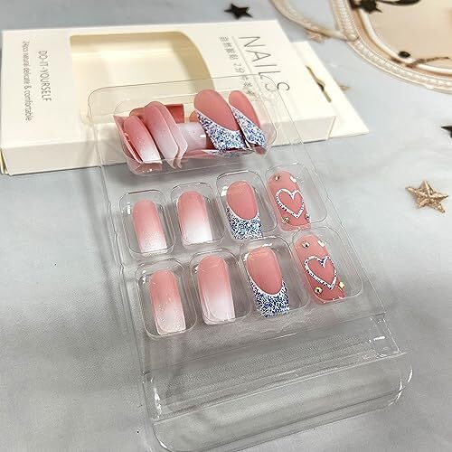 Blue Heart Press on Nails Medium Square Fake Nails Glossy Glitter French Tip