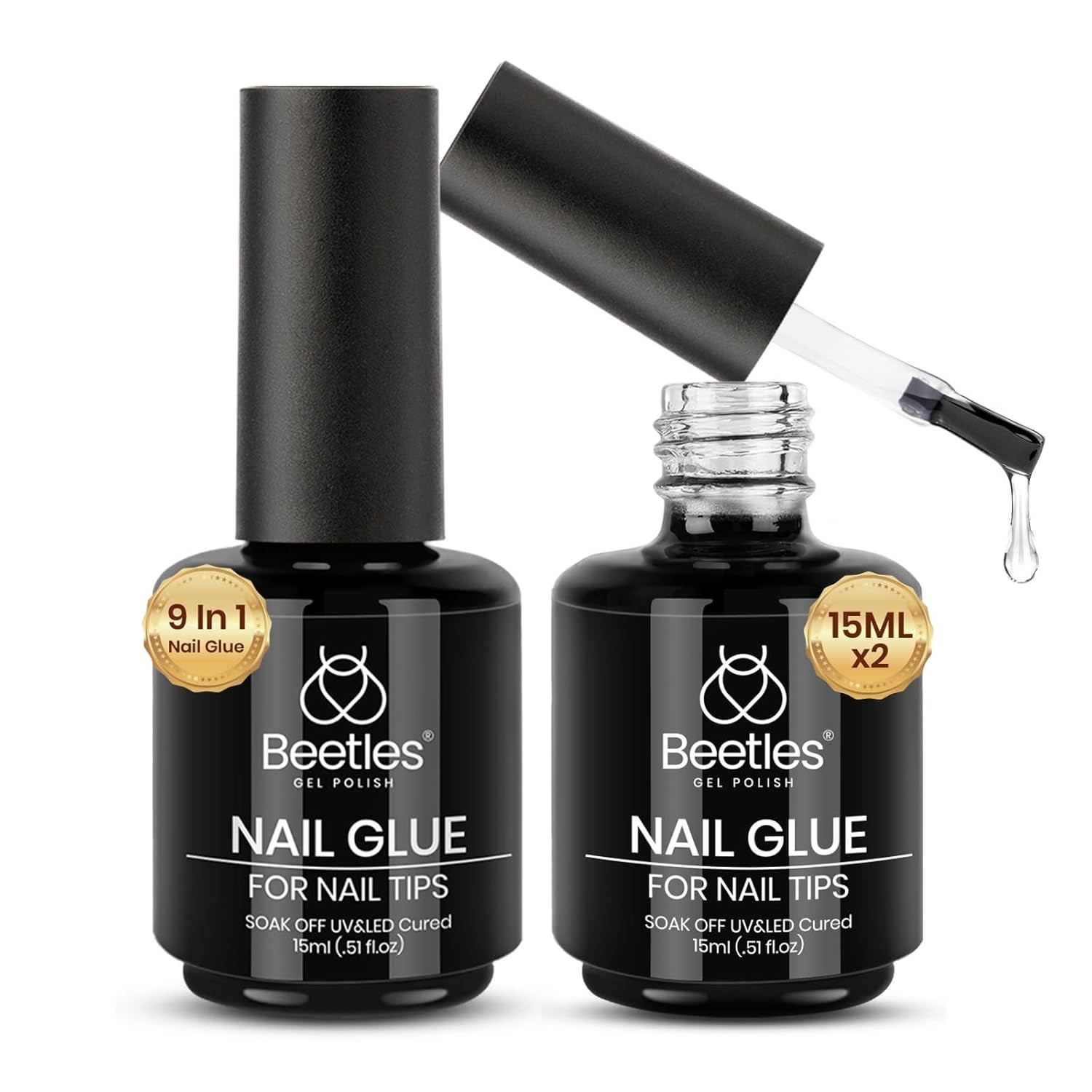 Beetles 2 Pcs 15ml Gel Nail Glue for Clear Acrylic Nail Tips, 9 in 1 Super Stron