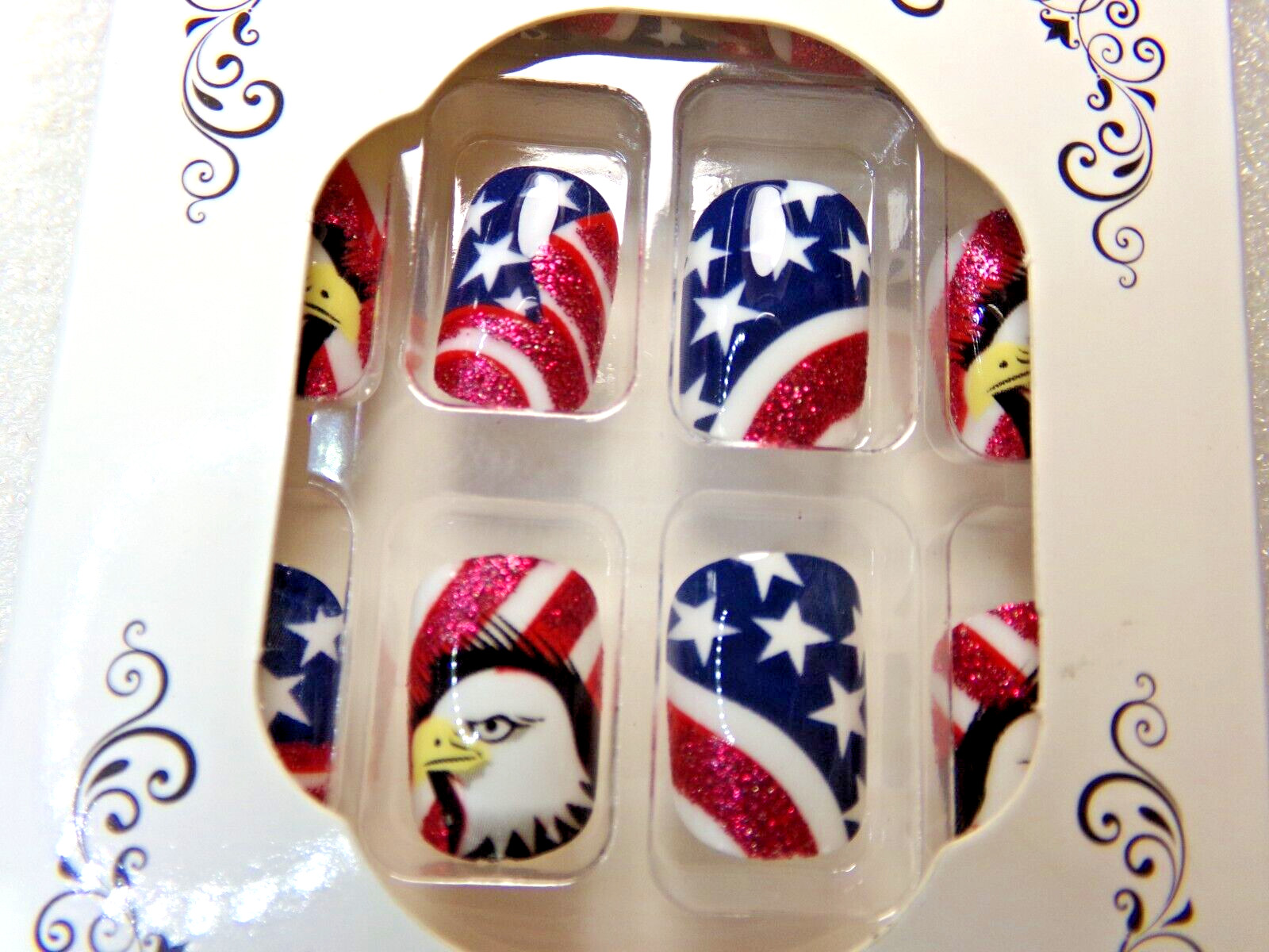 4th of July Nails Shiny American Flag Red White & Blue Stars Eagle GLUE ON SHORT