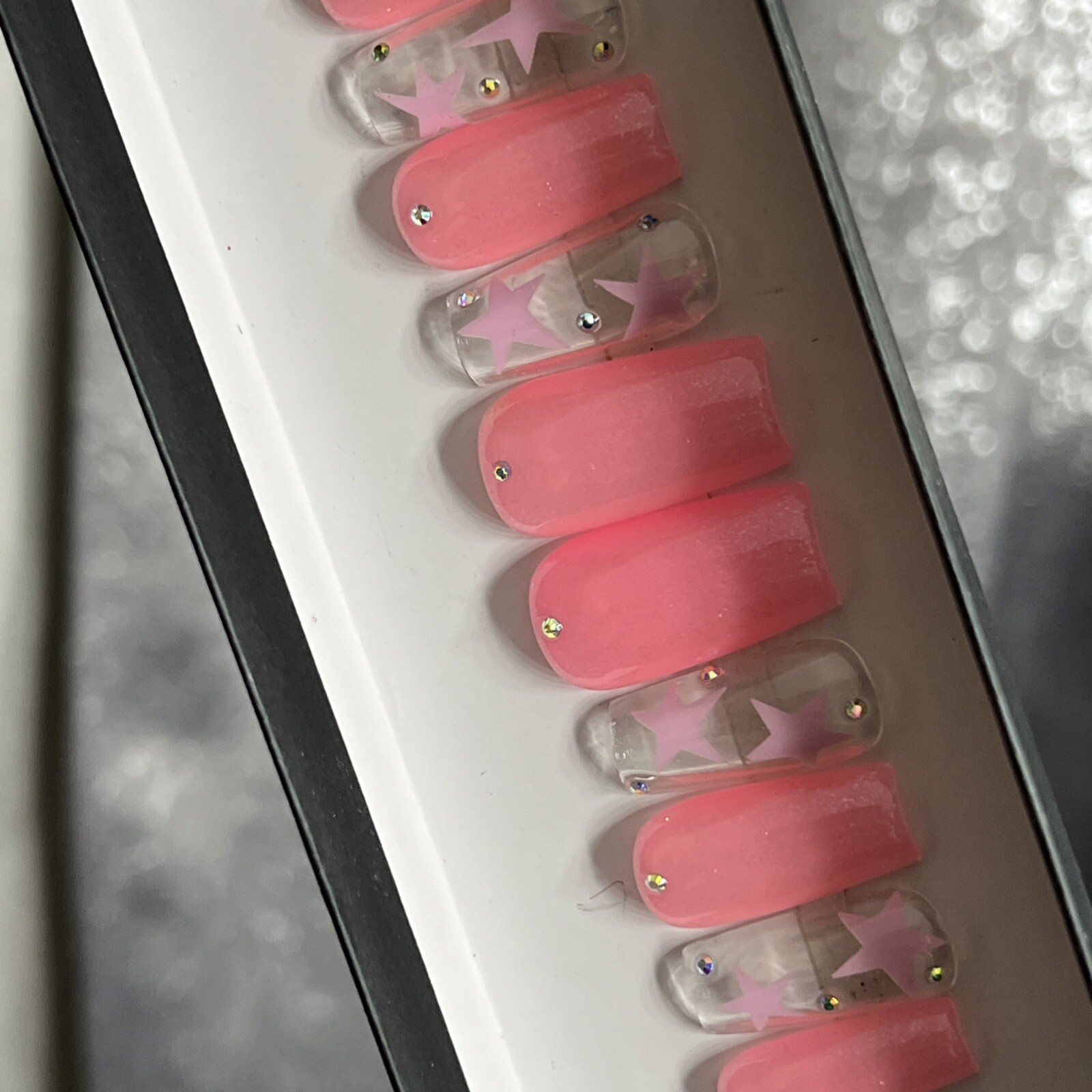 🔥 CUSTOM Gel Press On Nails, LIGHT PINK WHITE W BLING 10p FULL SET W Kit