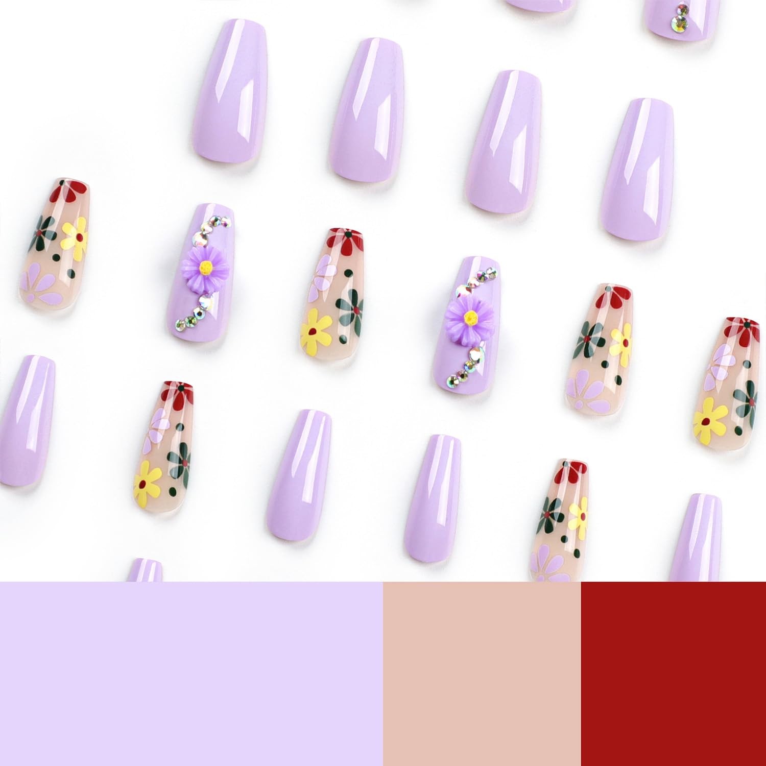 LPOODDNU Press On Nails Medium Coffin Glossy Purple 24Pcs Spring Daisy