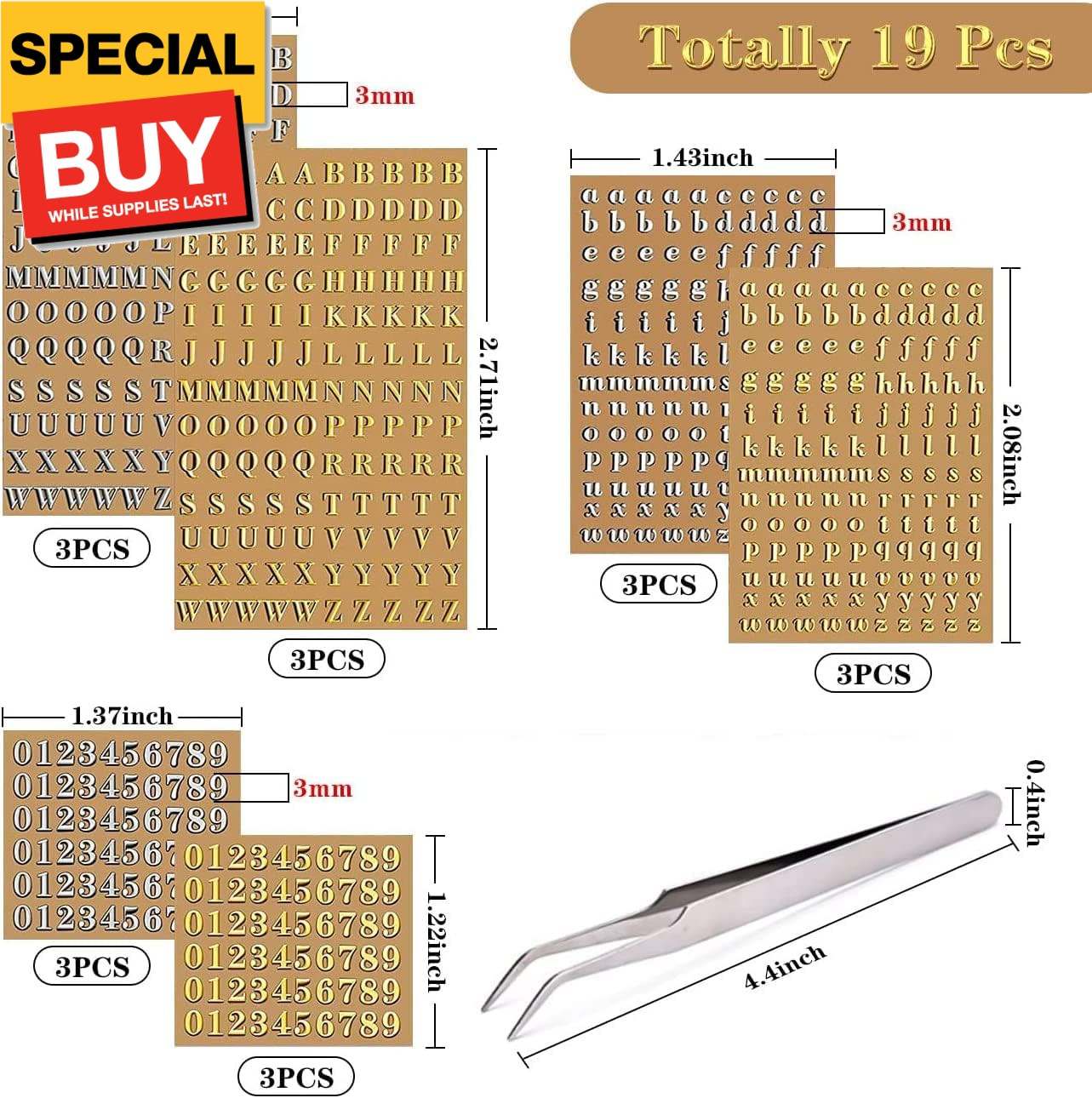 18 Sheets Mini Gold/Silver Letter Stickers for Nail Art, Epoxy Resin Crafts, Gli