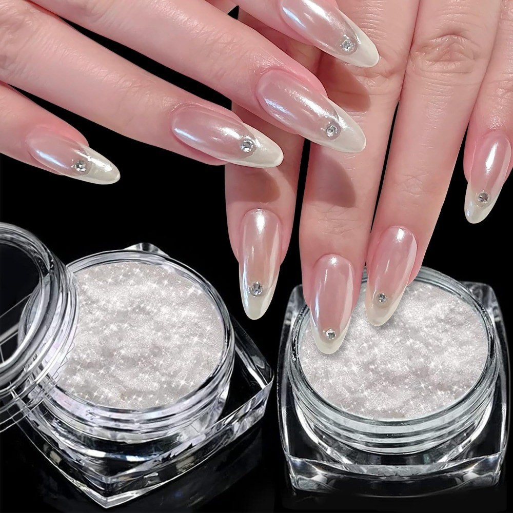 White Chrome Nail Powder Set Transparent Glass Mirror Effect Aurora Pearl